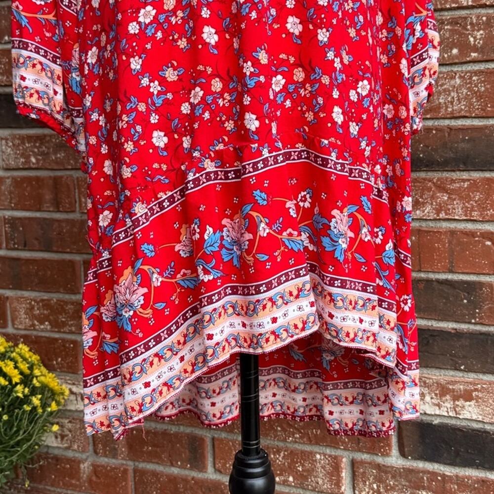 Umgee Women's Large Red Blue Floral Mini Dress Boho Bell Sleeve Oversized Tunic - Picture 4 of 8